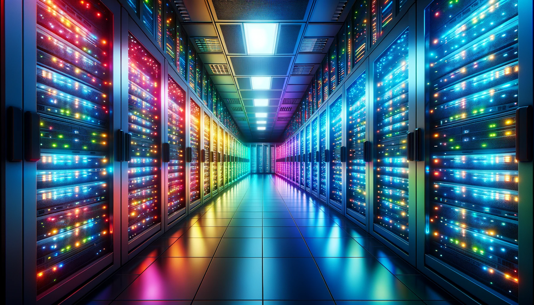 Server room illuminated with different colors, each representing a unique hosting type, showcasing the diversity of hosting solutions available.