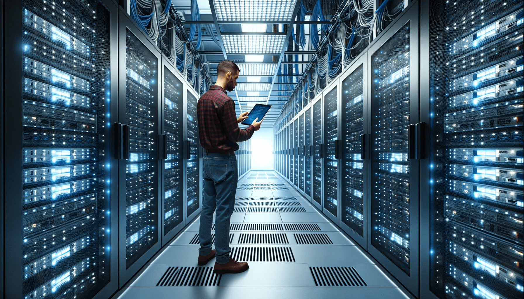 Technician in a server room using a tablet to ensure continuous website support and hosting for maintaining a robust digital presence.